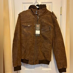 Men's👨🏻 NWT🏷️ Leather Removable Hooded Jacket🧥Rib Trim MXGX282 Sz MT
